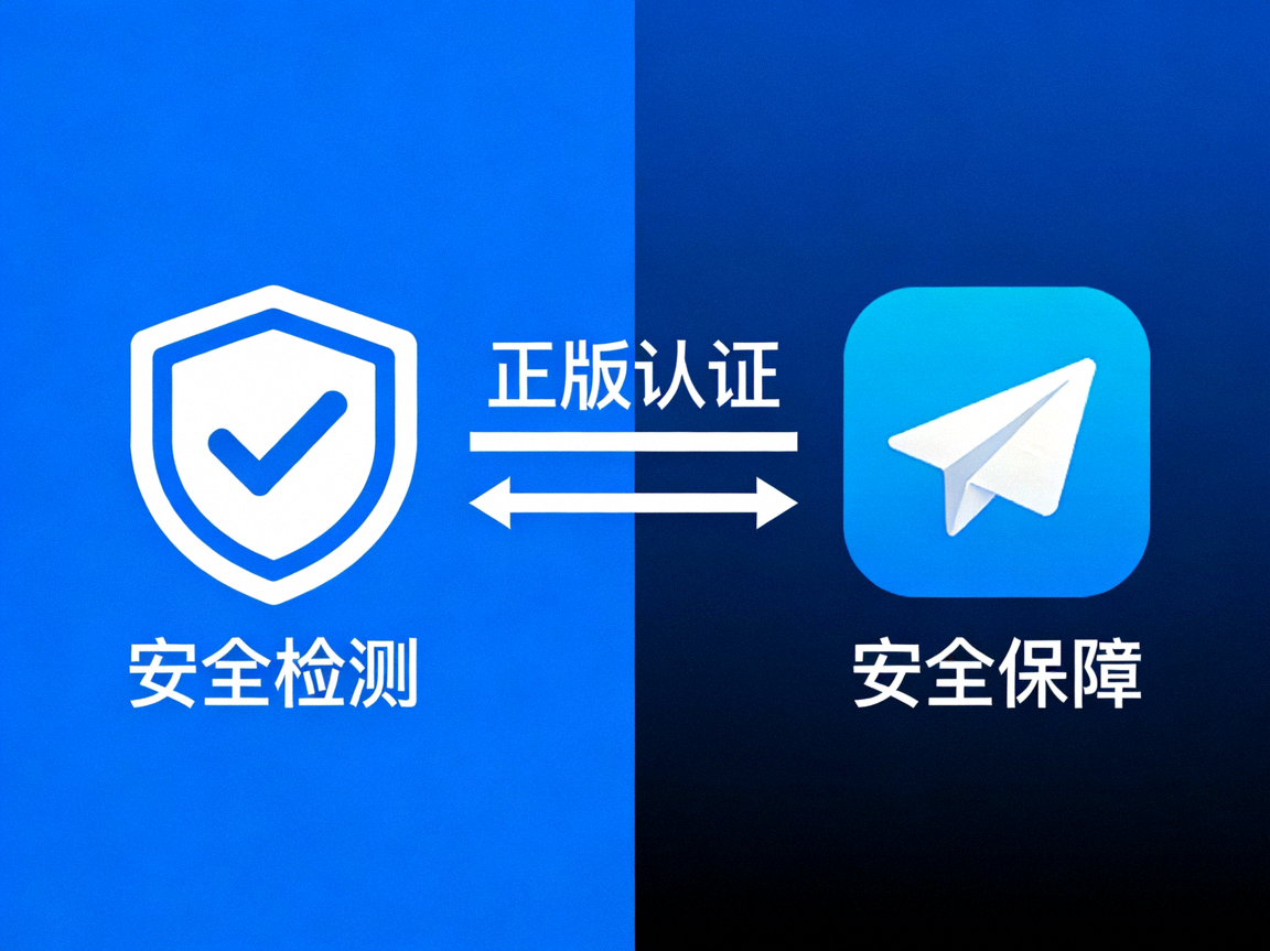 安全检测图标与Telegram官方Logo对比图，强调正版验证与安全安装的重要性