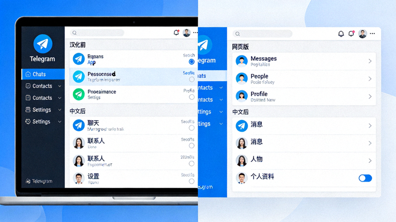 并排对比展示Telegram桌面版程序与网页版汉化前后的中文界面效果差异