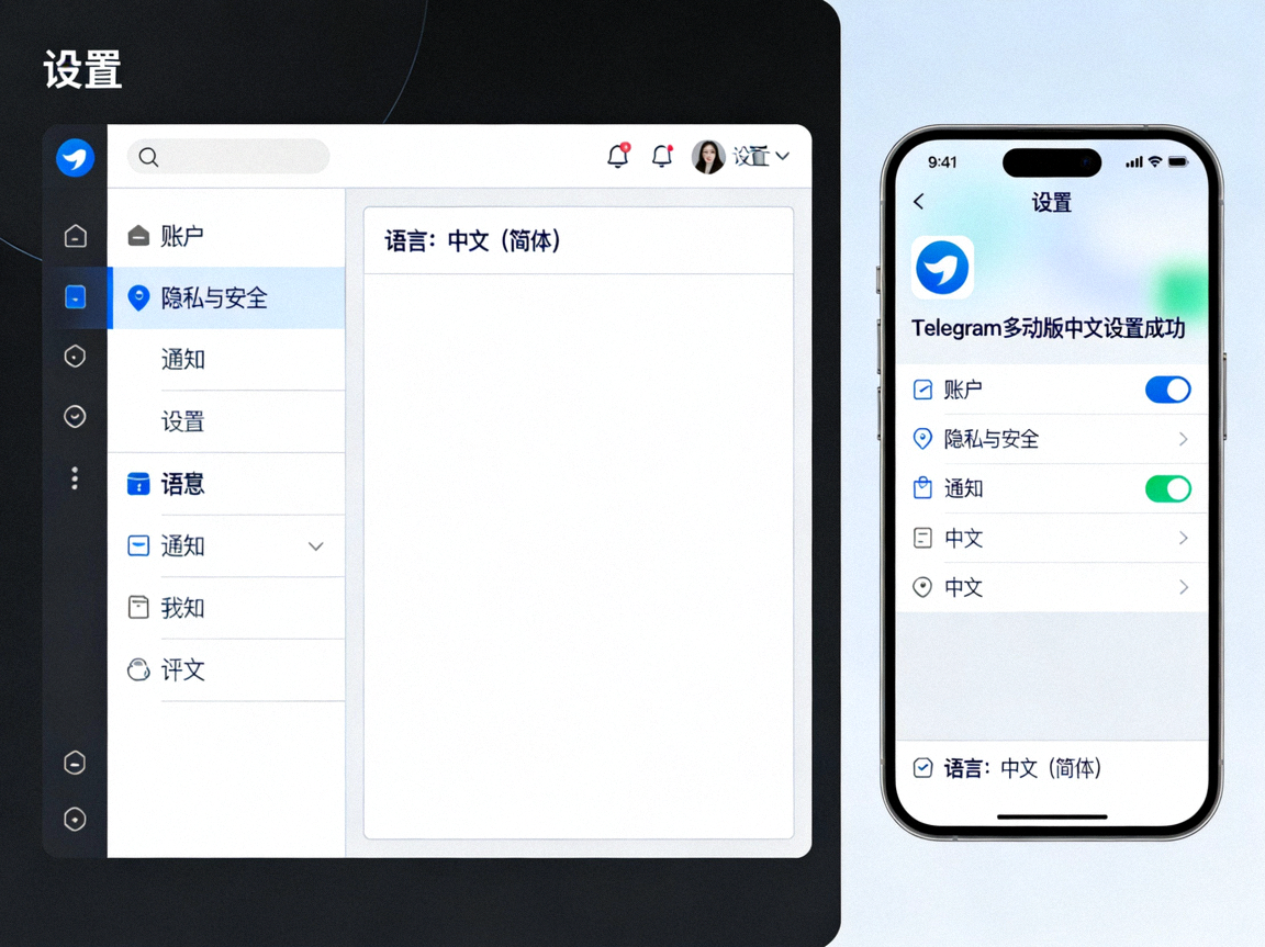 并排显示Telegram桌面版与手机版中文设置成功后的界面对比