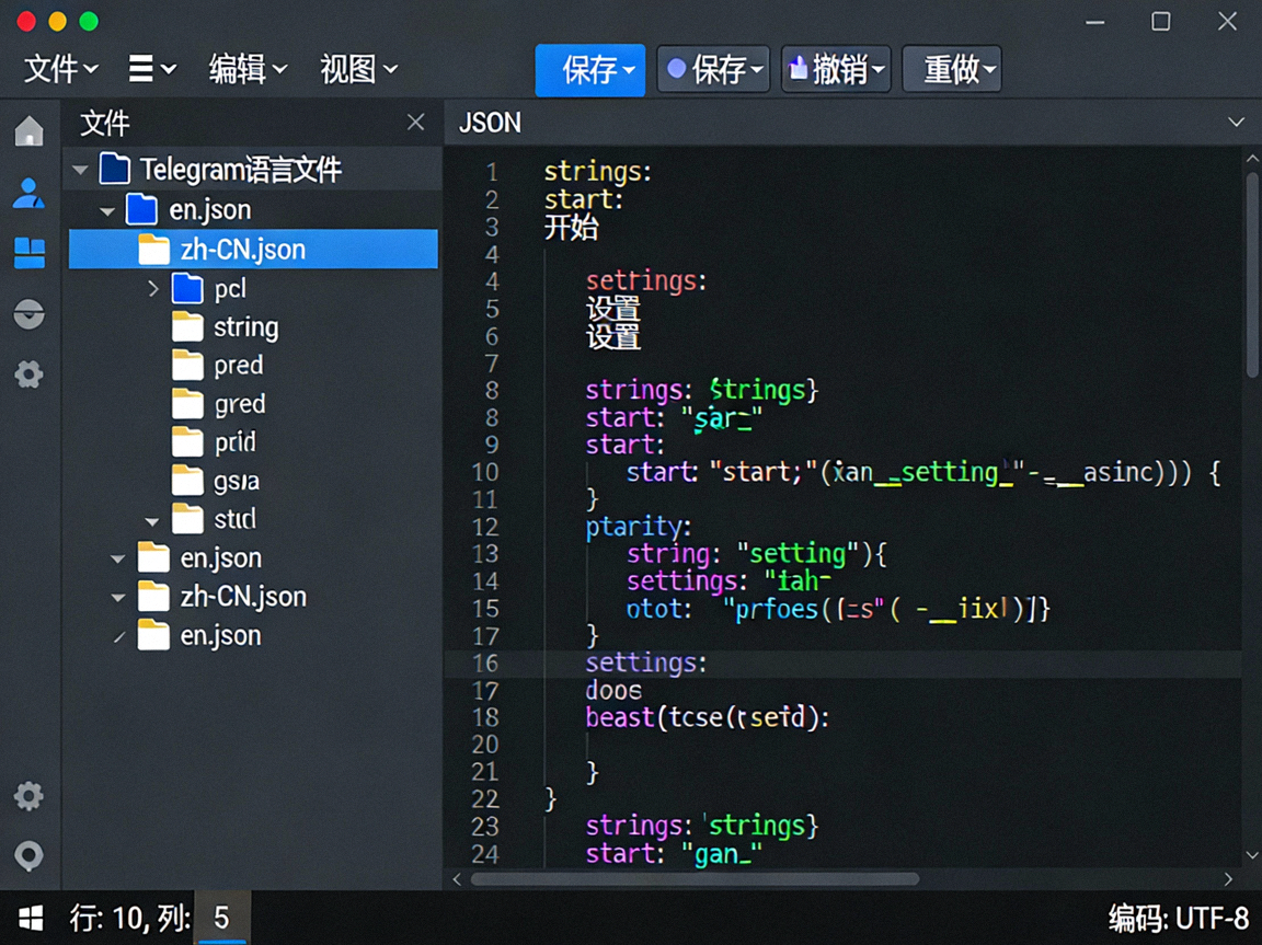 高级用户编辑Telegram语言文件JSON代码的软件界面，展示自定义翻译过程