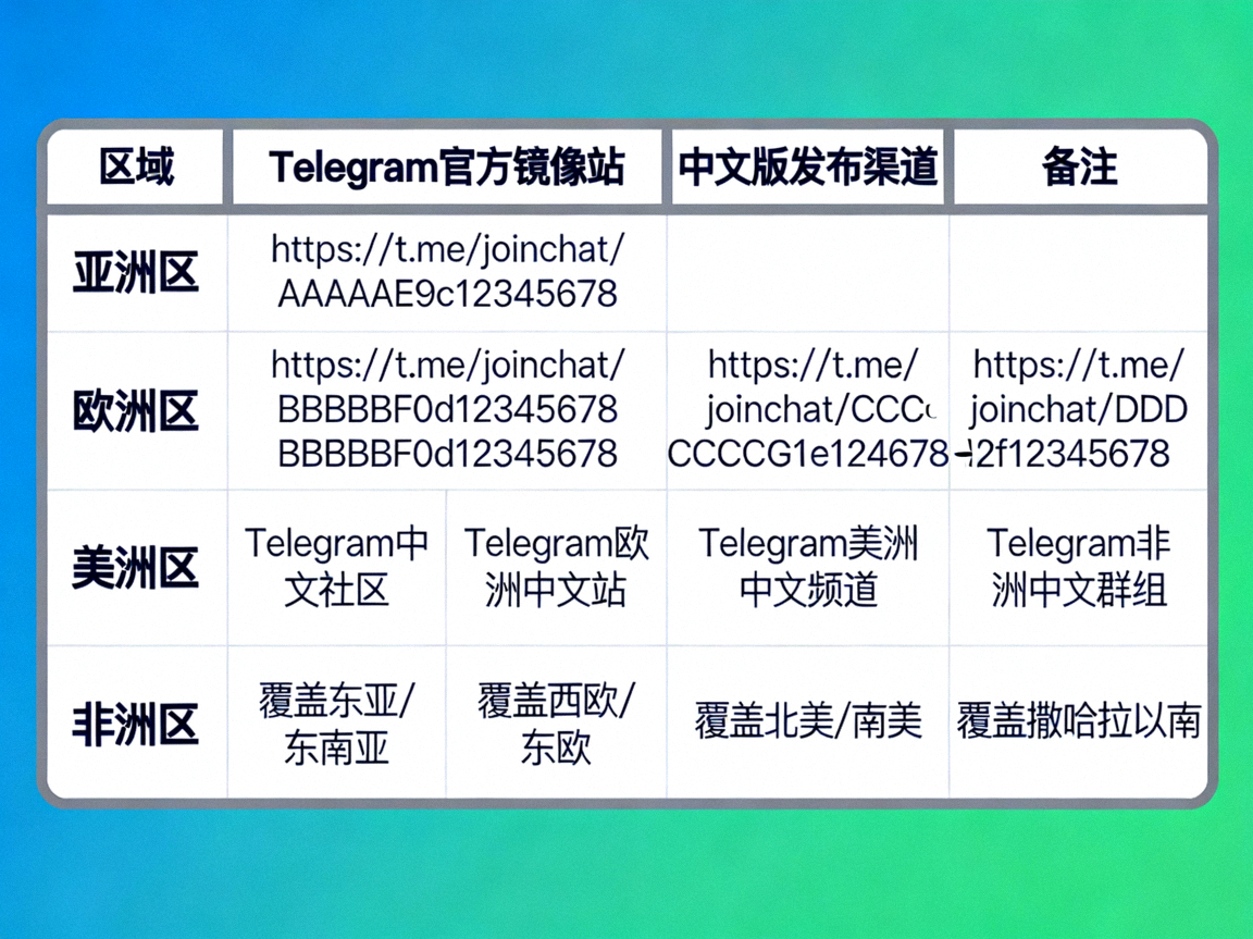 列出全球各区域Telegram官方镜像站与中文版发布渠道的图表