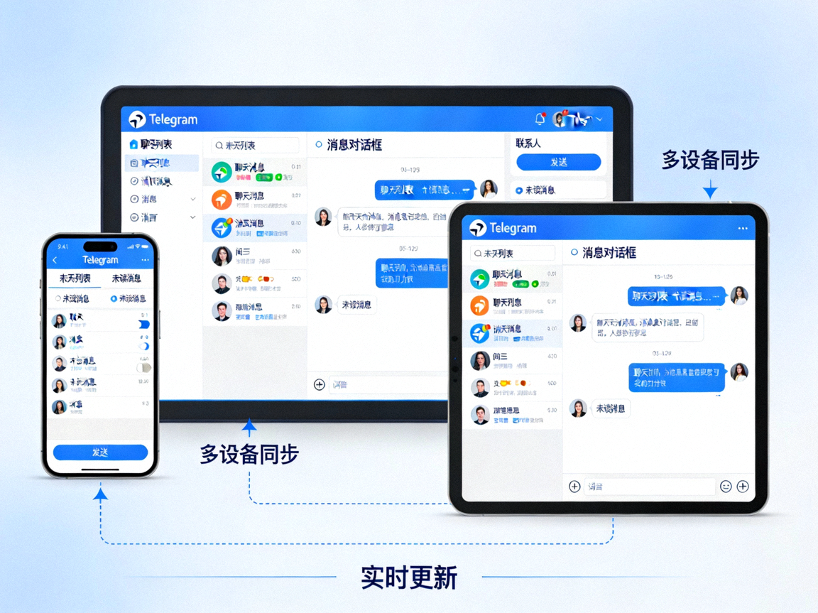 手机、平板、电脑多设备同步显示Telegram中文界面的示意图，展示无缝切换体验