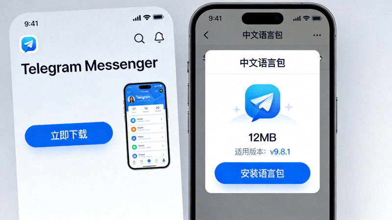 Telegram官方应用程序下载页面与中文语言包安装界面截图