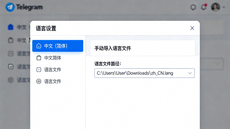 Telegram桌面版客户端语言设置窗口，高亮显示中文语言选项与手动导入语言文件路径