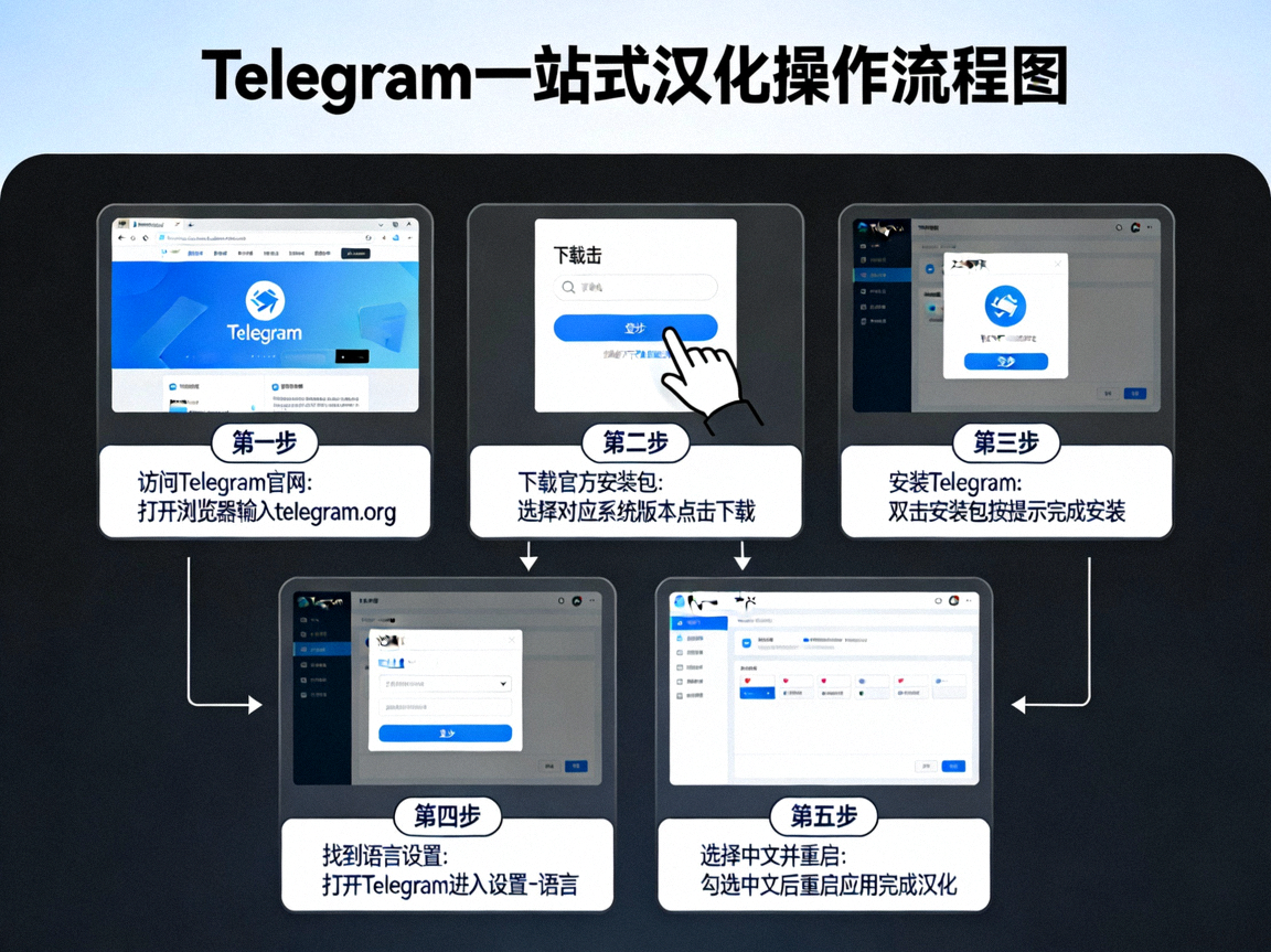 展示从Telegram官网到完成汉化的一站式操作流程图，包含下载、安装、设置语言等关键节点