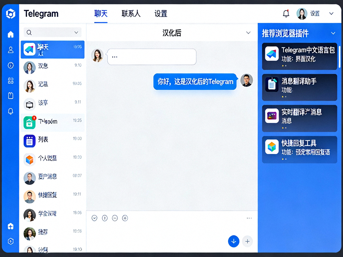展示网页版Telegram汉化后界面与相关浏览器插件推荐列表